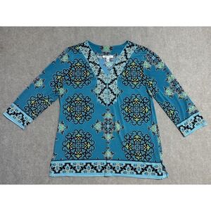 JM Collection Top Womens Large Tunic Boho Printed V-Neck 3/4 Sleeve Blouse Work